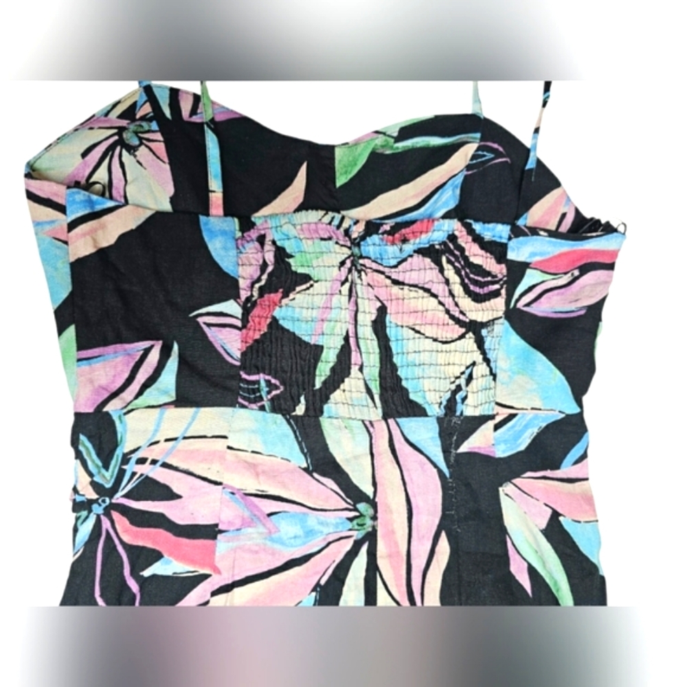 🆕️Zara Linen Floral Tropical Black & Pink Corset Faux Wrap Summer Dress - Picture 9 of 14